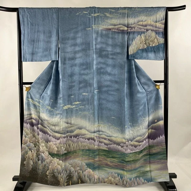 Woman Japanese Kimono Houmongi Silk Landscape Trees Shibori Gray