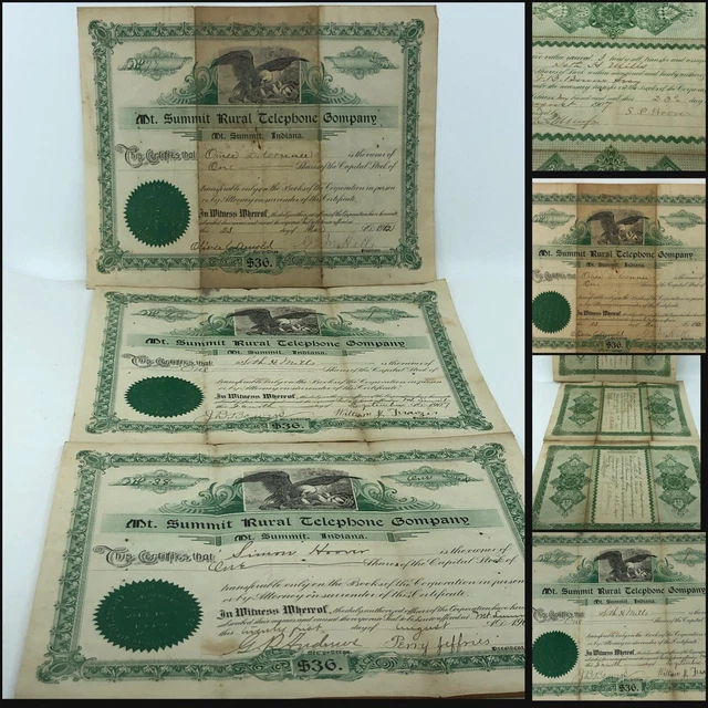 3 Antique STOCK CERTIFICATES Mt Summit RURAL TELEPHONE COMPANY 1902-1907-1912