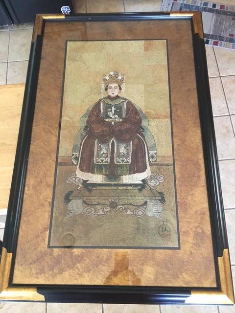VTG Asian Custom Framed & Matted Chinese Empress Gouache Signed Print. 25x39”