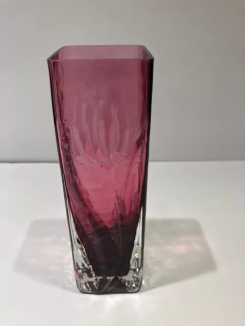 Vintage Pilgrim Cranberry Art Glass Square Vase - Embossed Tulip