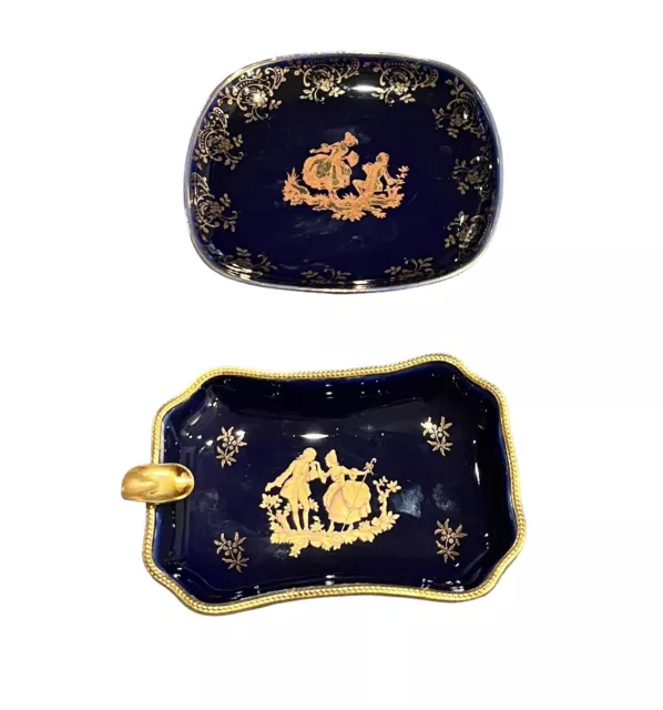 Limoge Cobalt Blue And Gold Courting Scene Pair Trinket Dishes Ash Tray Ormolu