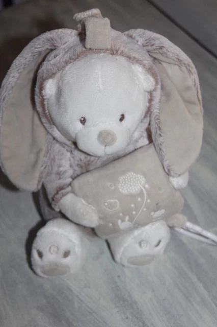 DOUDOU PELUCHE MOTS D'ENFANTS ours capuche lapin musical beige gris blanc
