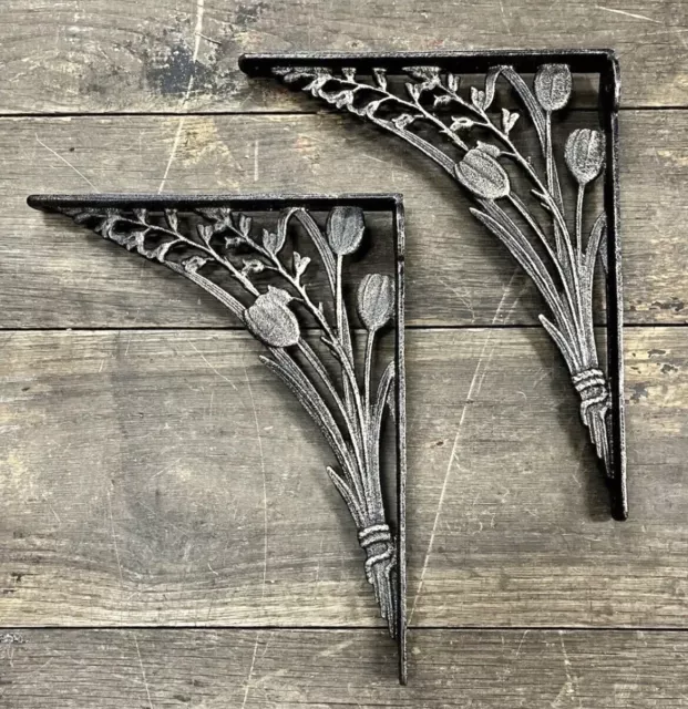 Cast Iron Pair of Tulip Flower Shelf Large Heavy Brackets, 12.5" × 10"