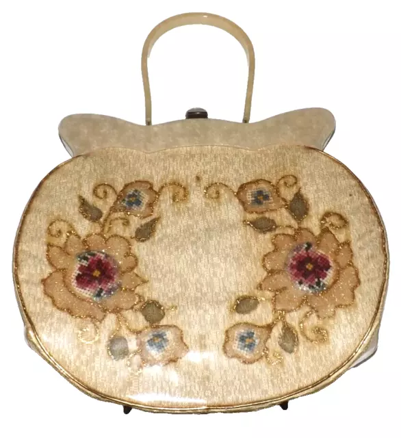 Vintage Retro Vinyl Floral Needlepoint Handbag Lucite Handle Frame Purse 1960s