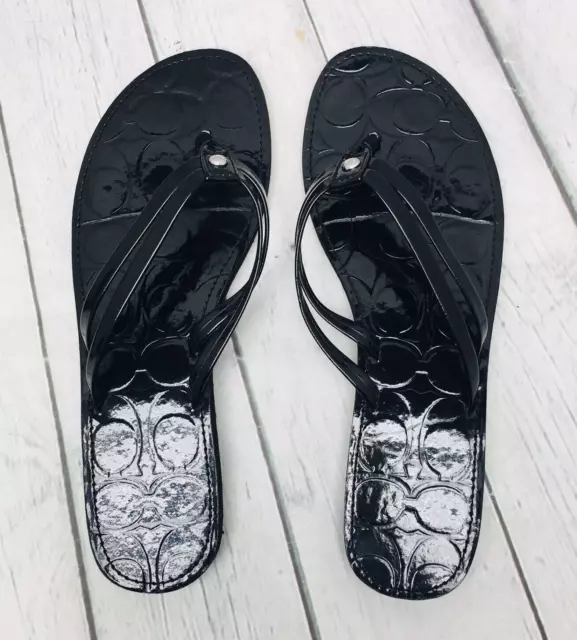Coach Women's Flip Flop Thong Sandal Patent Black Leather Slide Monogram - 7 B