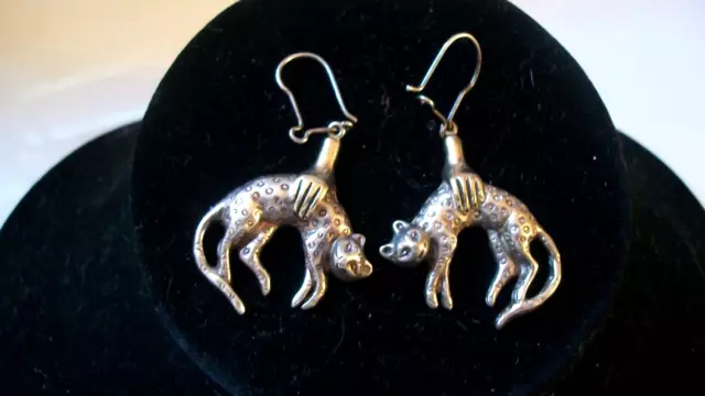 Rare Sergio Bustamante Mexico Cat Leopard  Sterl Silver 925 & Gold  Earrings 20G