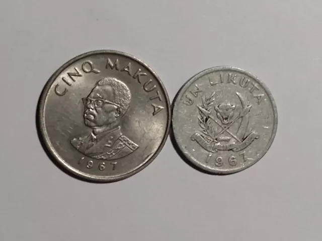 1967 CONGO 5 MAKUTA COPPER NICKEL  plus ALUMINUM 1 Likuta In Lower Grade