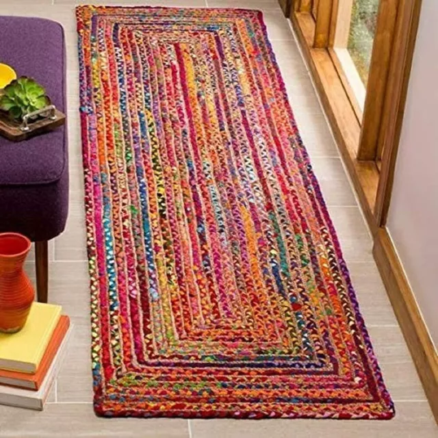 Rug Rectangle jute cotton Runner Natural Handmade Carpet Braided Style Area Rug