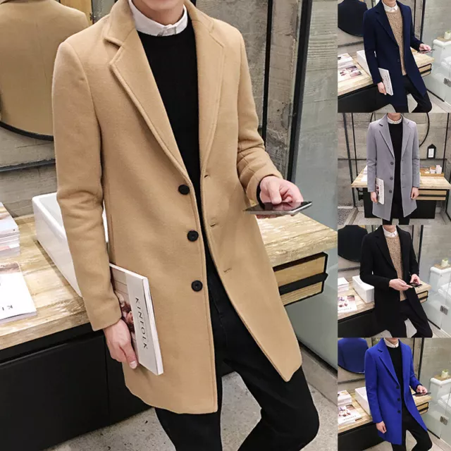 Mens Woolen Coat Officewear Trench Coat Overcoat Long Jacket Formal Lapel Soild