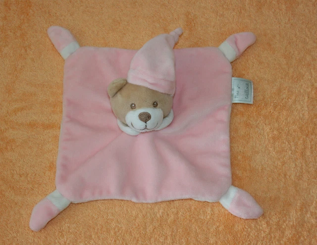 Mes Petits Cailloux Doudou Ours Plat Rose Blanc Bonnet Rose Etat Neuf