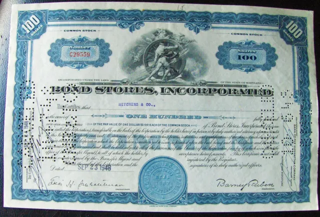 Cancelled stock certificate BOND STORES, Inc Payee Hitchins & Co, 1948