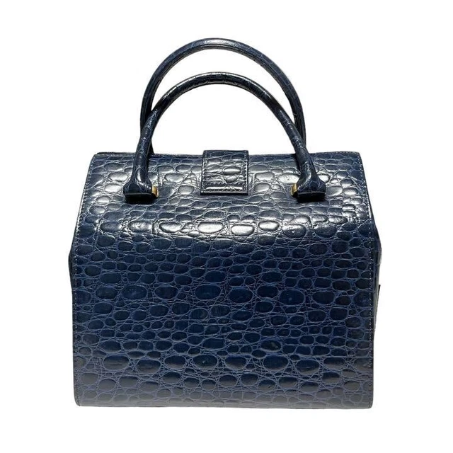 Longchamp Leather Handbag Tote Bag Croc embossed Blue with Gold Charm 4