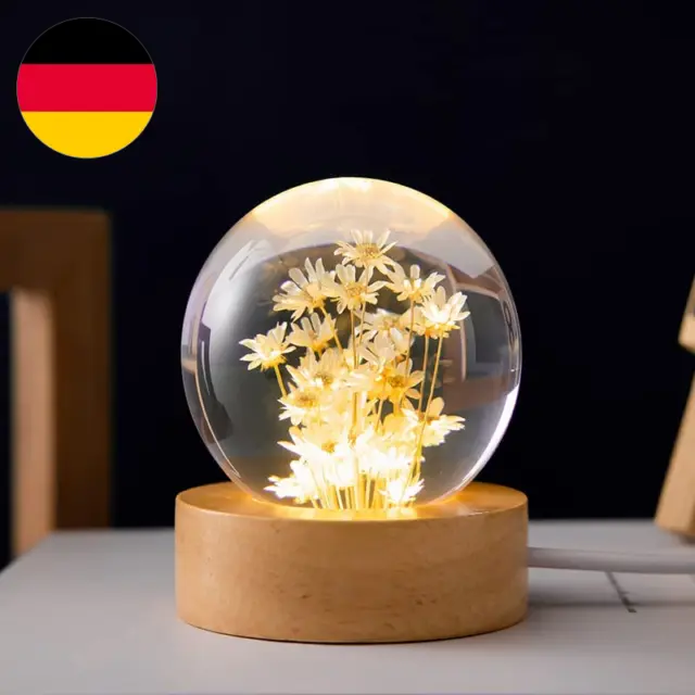 Blumen-Kristallkugel-Nachtlicht, 6 Cm Glaskugel-Nachtlampe Mit Holzsockel, Dekor