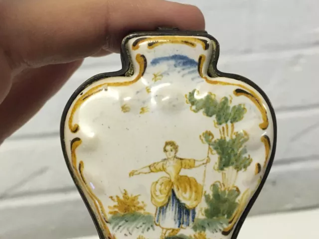 Antique 1830-40 French Moustiers Faience Patch Pill Snuff Box w Woman in Field 2