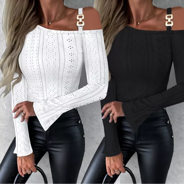 Women Sexy One Shoulder T-Shirt Tops Long Sleeve Hollow Pullover Blouse Tunic UK