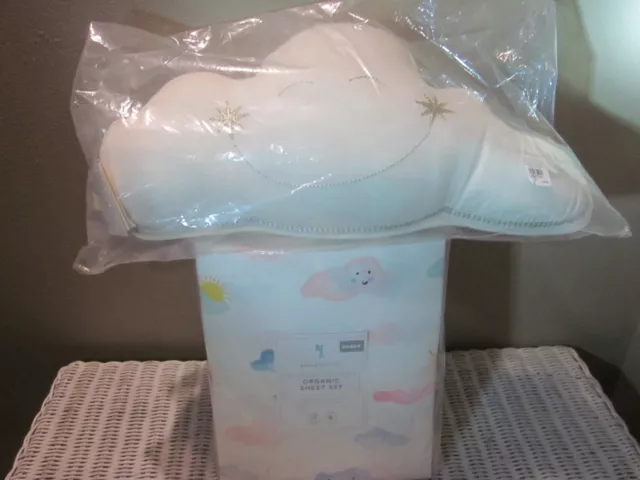 Pottery Barn Kid Rainbow Showers QN Sheet Set & Embroidered Smiling Cloud Pillow 3