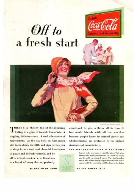 1929 Coca Cola "Off To A Fresh Start" Flapper Girl Scarf Coke Soda Print Ad