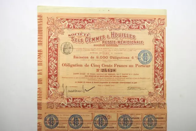 Russian Bond Sels Gemmes & Houilles De La Russie Meridionale 500 Francs 4% 1903
