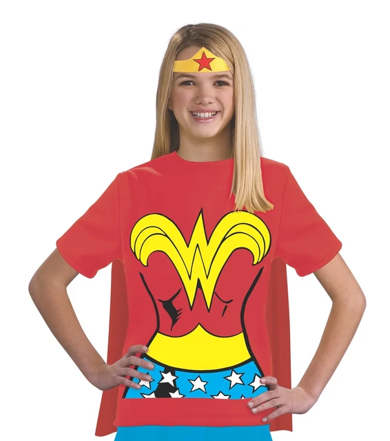 Kids Wonder Woman T-Shirt Costume Kit Shirt Crown Cape Girls Child Superhero
