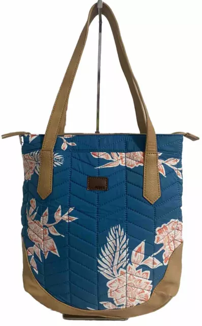 Roxy Floral Quilted Tote Beach Bag Purse Turquoise Tan Trim Aloha