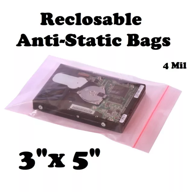 3" x 5" Reclosable Anti Static Pink 4 Mil Zip Seal HEAVY-DUTY Top Lock Bags 4mil