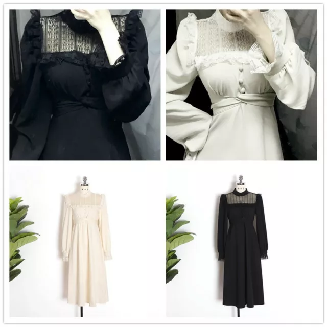 Donna Midi Abito Lungo Puff Maniche a Balze Pizzo Gotico Lolita Retrò Nero Nuovo