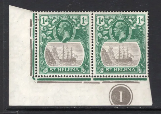 M20971 St Helena 1922 SG98/98c 1d grey & green PLATE (1) pair CLEFT ROCK variety