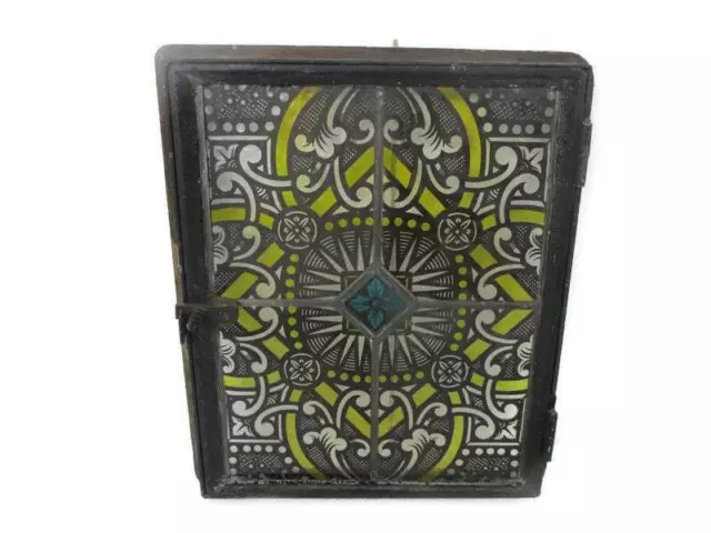 Antique Leaded Glass Window with Wrought Iron Frame Reclaimed Architectural Stun
