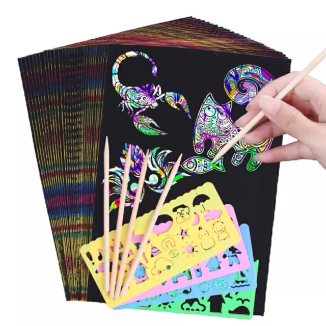 50X Scratch Art Paper Magic Rainbow Painting Doodle Boards 5 Wooden Stylus New