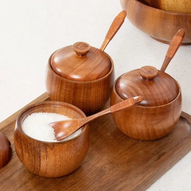 Kitchen Jar Seasoning Container Wooden Salt Pot Set Shaker Utensils