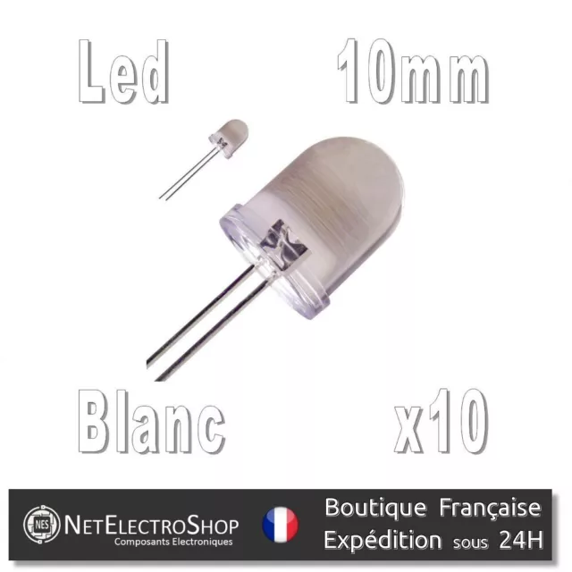10x LED 10mm Blanches, Haute Luminosité