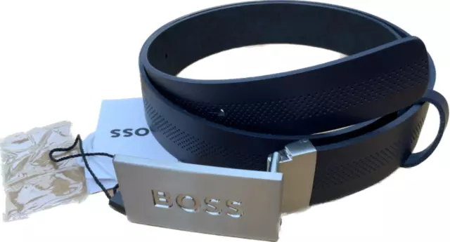 Hugo Boss Mens Plaque Leather Belt Navy Blue 34” Reversible Smooth / Texture 3cm