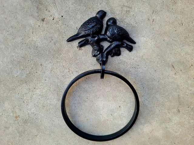 Birds Wrought Iron Hand Towel Ring, Bathroom bird decor. Bath hardware hanger.