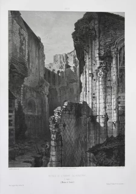Ruines l'Abbaye du Ronceray  Angers Maine et Loire Anjou Lithographie Wismes