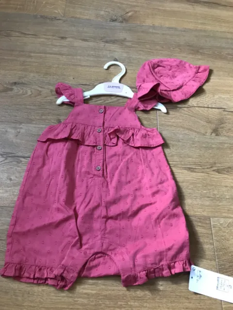 M&S Baby Girls Summer Cotton Playsuit  Dungarees Hat Set Outfit age 3-6 months