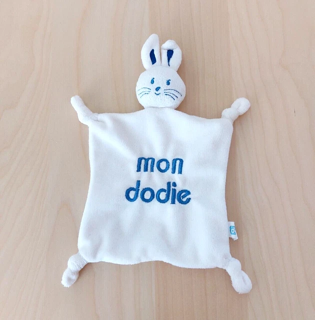 Doudou lapin plat carré blanc brodé mon Dodie bleu TBE