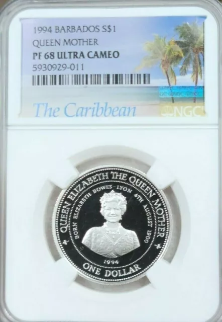 1994 Barbados Silver 1 Dollar Queen Mother Ngc Pf 68 Ultra Cameo Scarce Coin