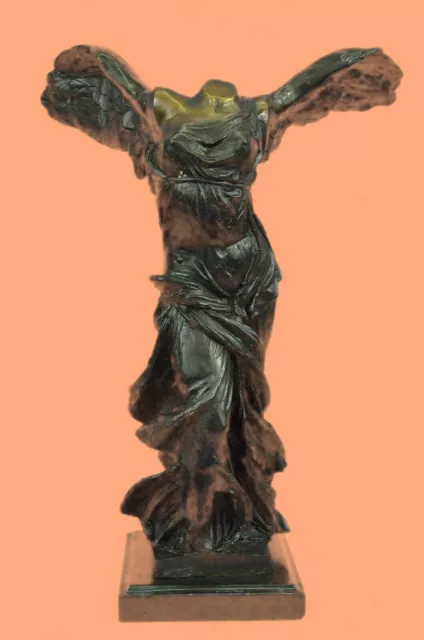 Signed Winged Of Victory Samothrace Bronze Sculpture On Marble Base Figure Decor