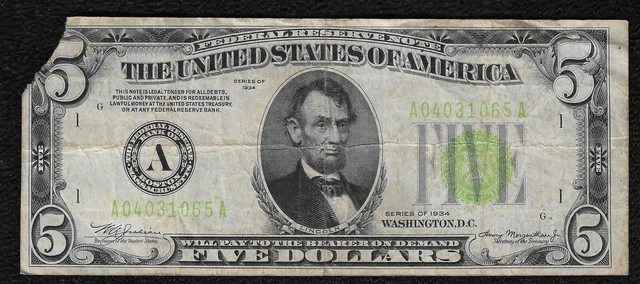 1934 *Light Green Seal* $5 Federal Reserve Note *Free S/H After 1st Item*