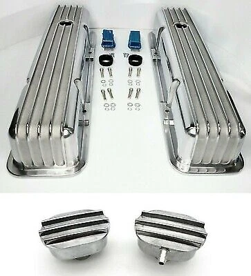 Polished Aluminum Finned Tall Valve Covers w/ Breather & PCV For SBC 350