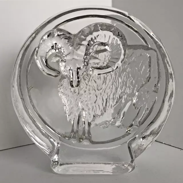 Vintage Signed Crystal Art Glass Paperweight Zodiac ARIES Big Horn Ram Bookend