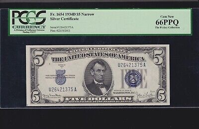 US 1934D $5 Silver Certificate Narrow FR 1654N PCGS 66 PPQ GEM CU (375)