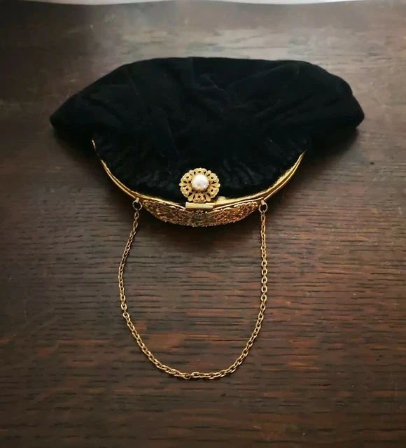 Ancien Sac À Main Bourse Nano France Velours Noir Fermoir Doré Filigrané