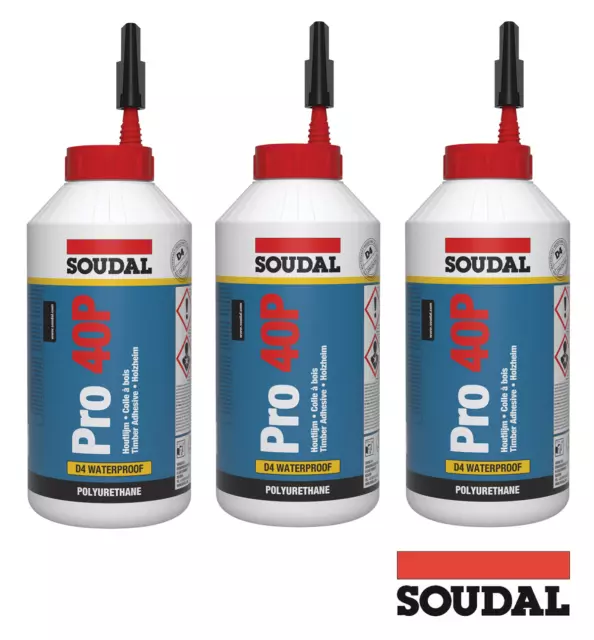 3x Soudal PRO 40P PU-Holzleim 750 g | offene Zeit 15 Min. wasserfest D4 PUR Leim