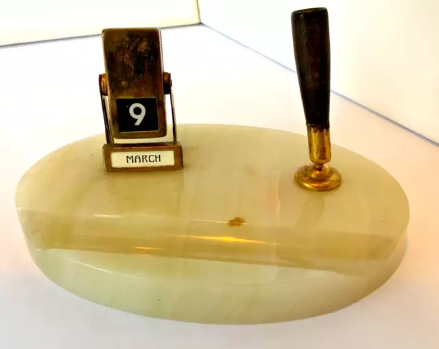 Art Deco Onyx/Marble Desktop Perpetual Calendar and Pen Holder