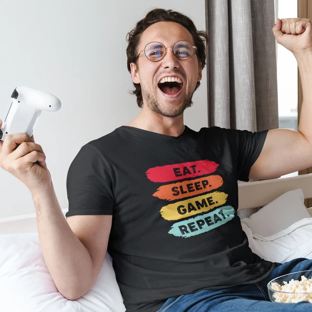 Eat Sleep Game Repeat Colourful Retro Gamer T Shirt Tee Computer Consle Son Gift