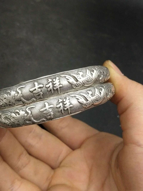 A Pair Old Chinese tibet silver handcarved Dragon Phoenix Bracelets M