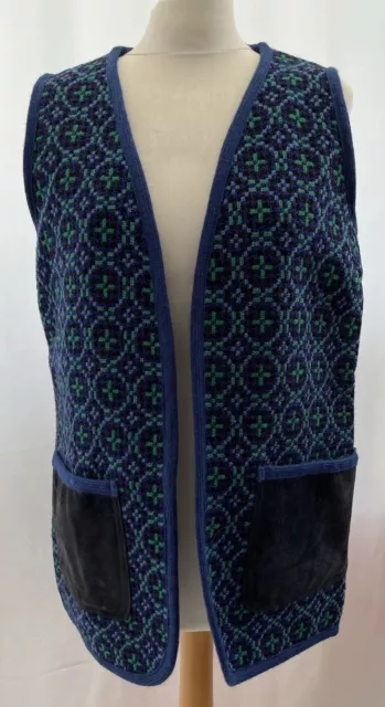 Beautiful Vintage Suede Backed Waistcoat EU40 Uk12/14Navy Knitted Front Pockets