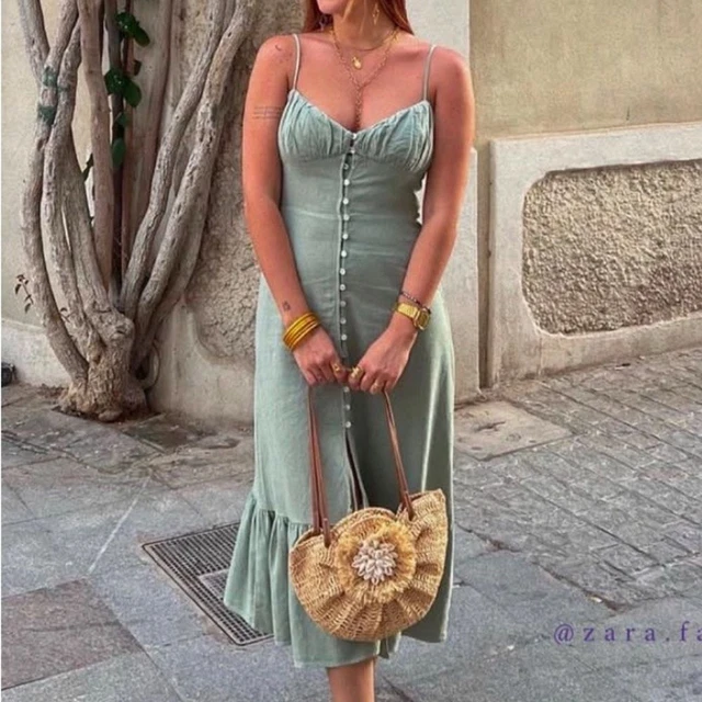 chinese dress ladies Early 00s Zara Woman Linen Button Down Maxi Beige Dress - Linen - Summer  dress