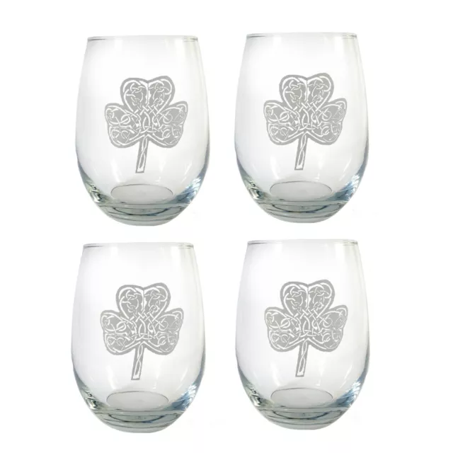 Irish Shamrock Clear Stemless Wine Glass Set of 4 - Free Personalized Engraving